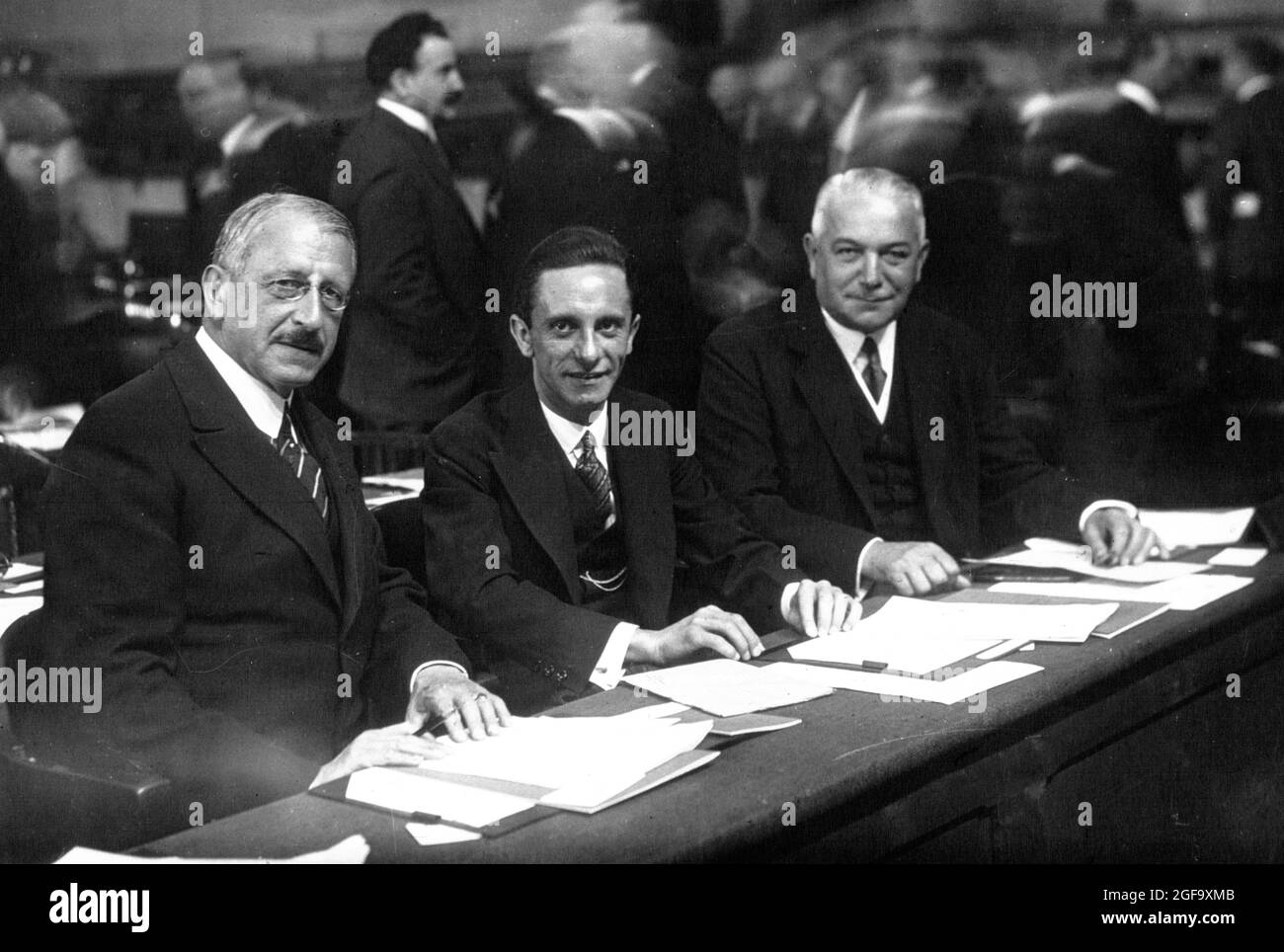 German delegation at the Geneva Disarmament Conference in 1933. From left to right: Friedrich von Keller, Joseph Goebbels, Konstantin von Neurath. Stock Photo