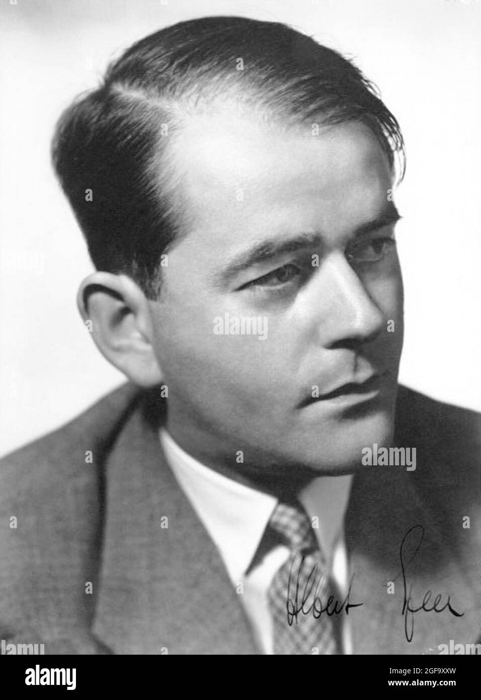 A 1933 portrait of Albert Speer, Nazi party architect and Building Inspector and, from February 1942, Reich Minister of Armaments and War Production. He was tried at Nuremberg in 1946 and sentenced to 20 years in prison. Credit: German Bundesarchiv Stock Photo