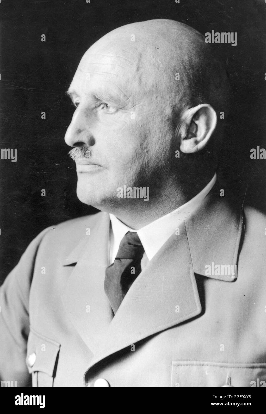 A 1935 portrait of Julius Streicher, Nazi, editor of the antisemitic Die Stürmer newspaper and Gauleiter of Franconia. He was tried and condemned to death at Nuremberg in 1946. Credit: German Bundesarchiv Stock Photo
