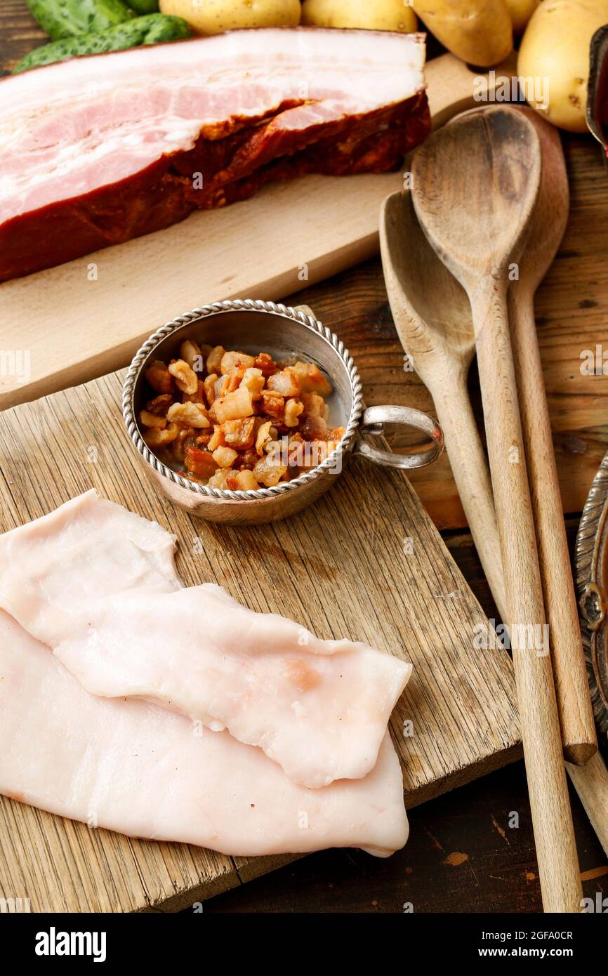 Fatback and pork greaves (pork rinds). Unhealthy food Stock Photo