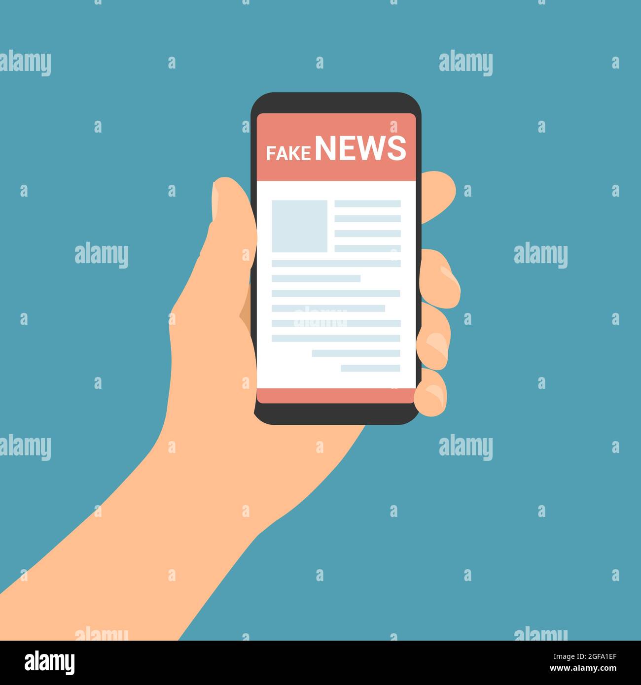 Flat design illustration of male hand holding mobile phone with online newsletter and text fake news - vector Stock Vector