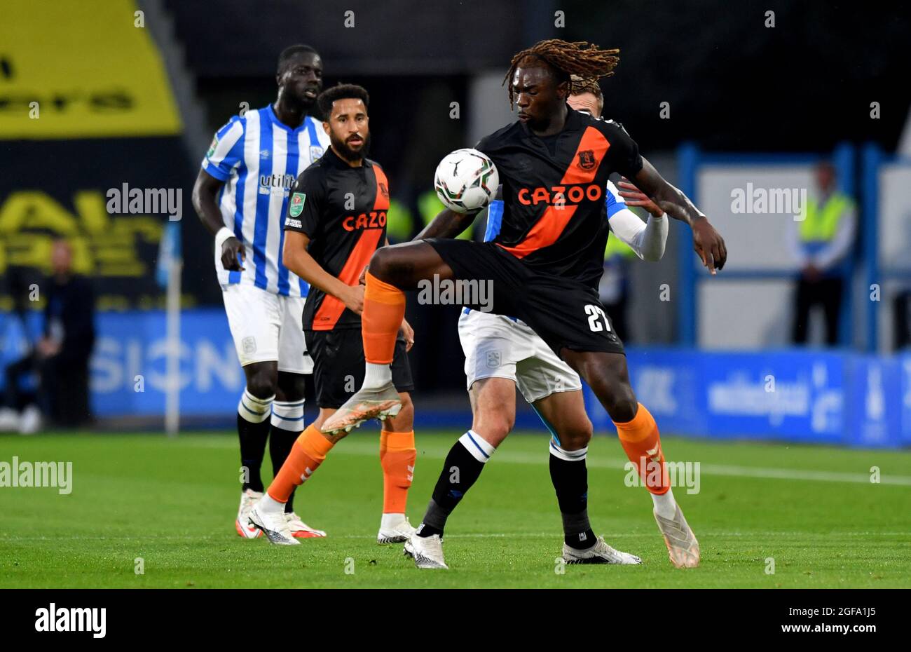Everton’s Moise Kean controls the ball in the air during the Carabao Cup second round match at John Smiths' Stadium, Huddersfield. Picture date: Tuesday August 24, 2021. Stock Photo
