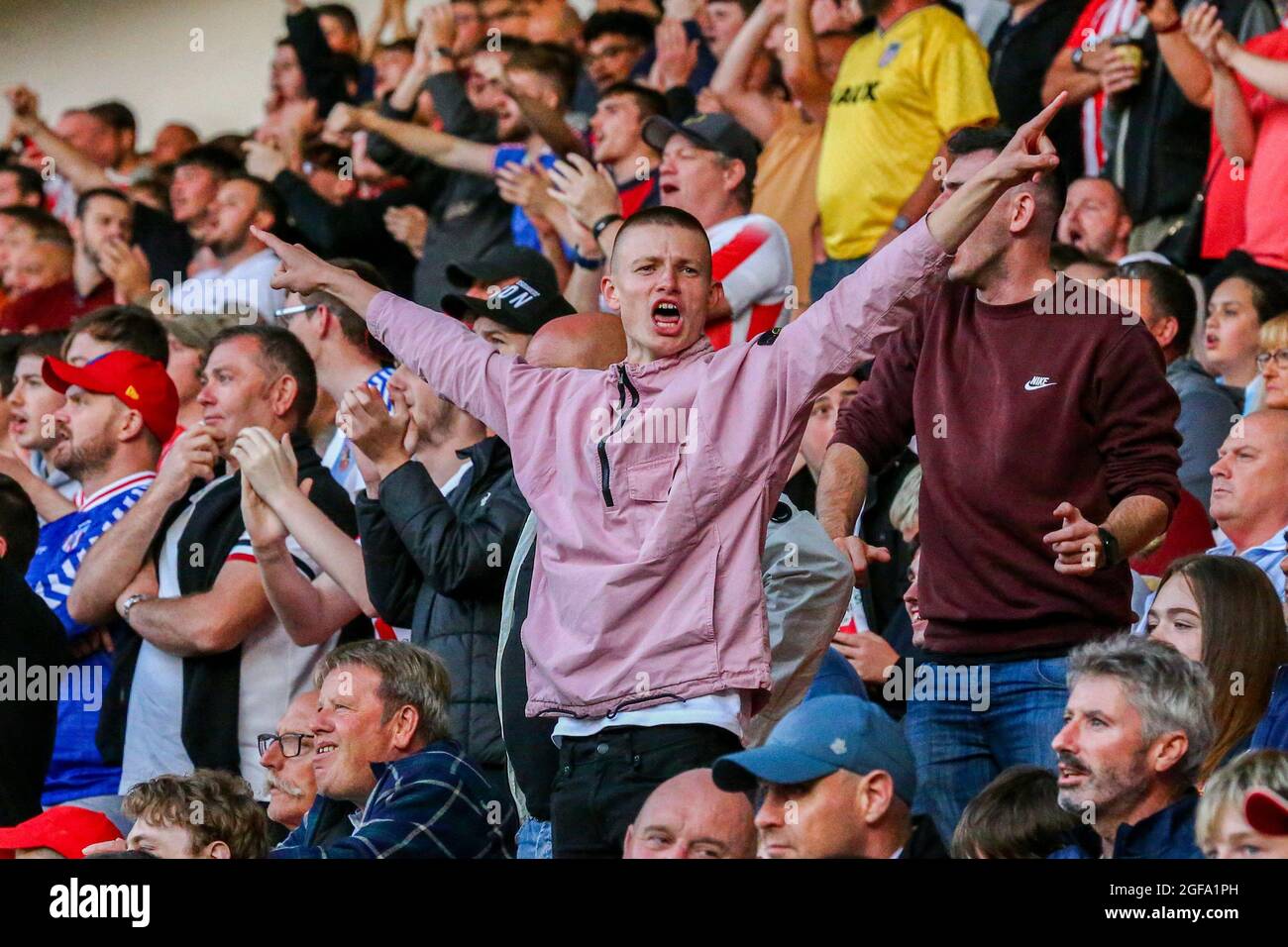 Blackpool, UK. 24th Aug, 2021. Sunderland fans celebrate their equalising goal during the Carabao Cup match between Blackpool and Sunderland at Bloomfield Road, Blackpool, England on 24 August 2021. Photo by Sam Fielding/PRiME Media Images. Credit: PRiME Media Images/Alamy Live News Stock Photo