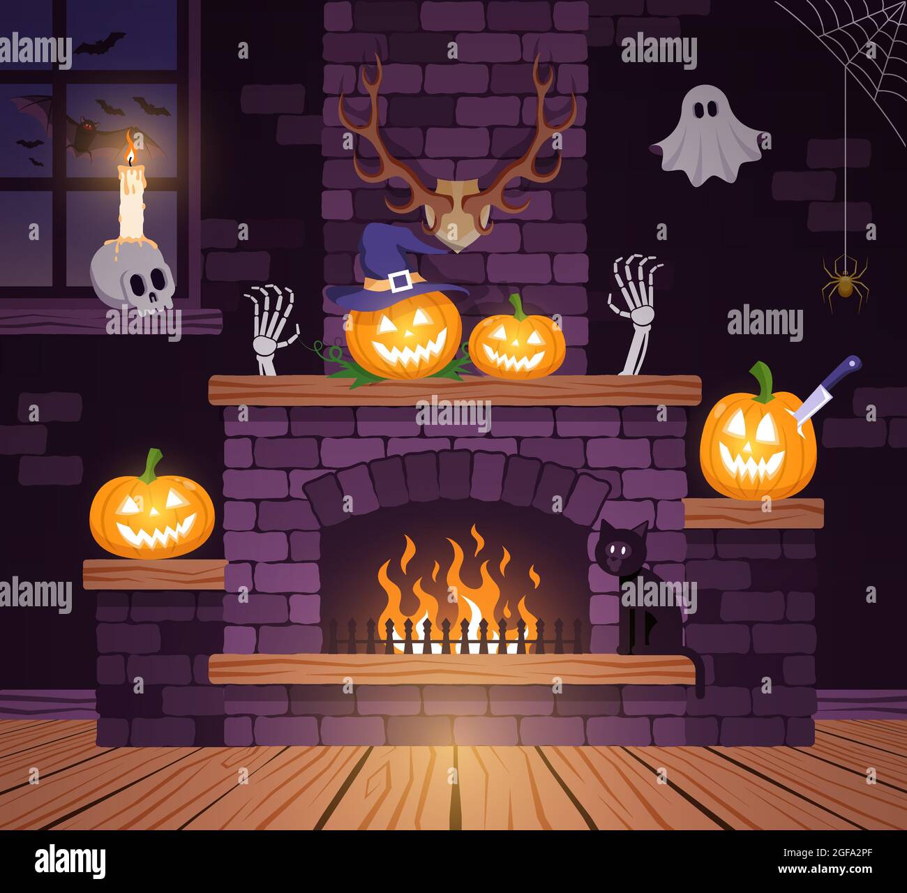 Halloween room in the old castle Stock Vector