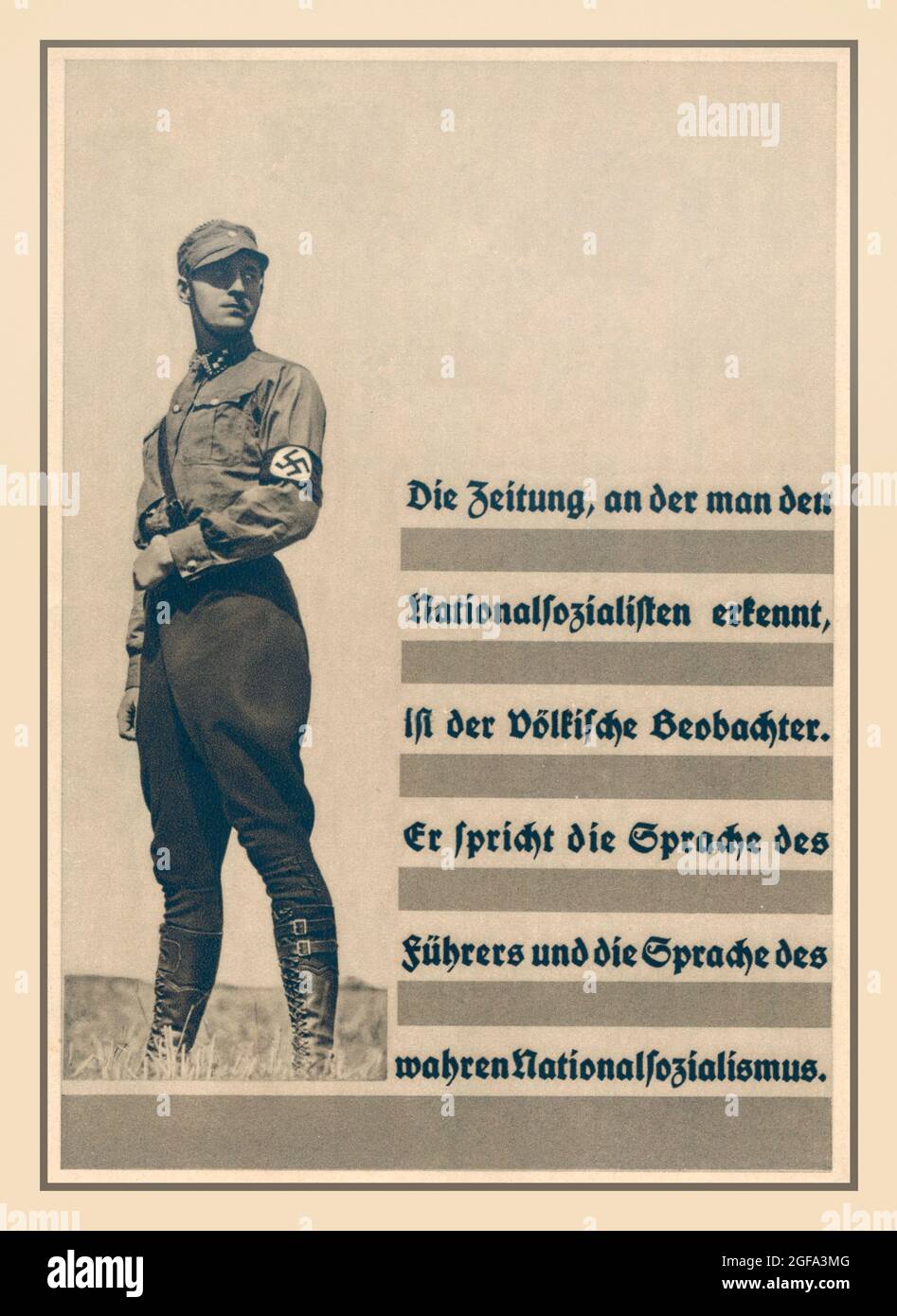 NSDAP Press Archive Propaganda at 13th German Radio Exhibition Berlin 1936'  Photo 'Hitlers NSDAP Nazi military soldier next to NSDAP propaganda advertising text for the newspaper Völkischer Beobachter' Nazi Propaganda ‘ The Newspaper where you will hear the voice of The National Socialists’. (NSDAP) Stock Photo