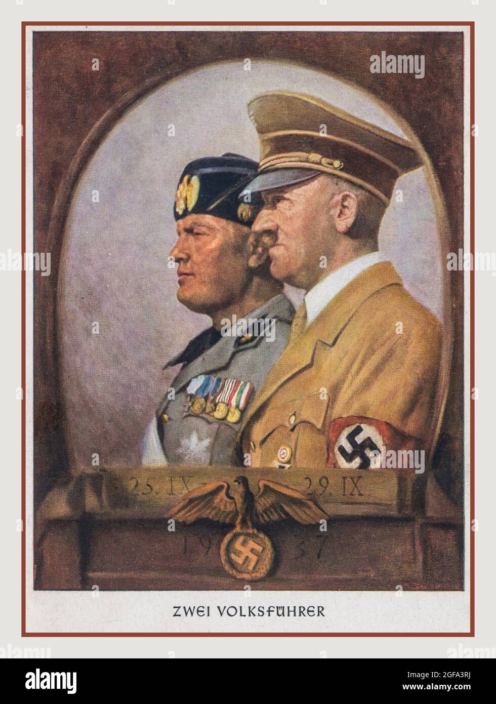NAZI PROPAGANDA ZWEI VOLKSFUHRER ( Two Leaders) Adolf Hitler and Benito Mussolini 1937 Axis Alliance Italy & Germany Propaganda Poster Artwork Card with swastika armband and crest symbol Stock Photo