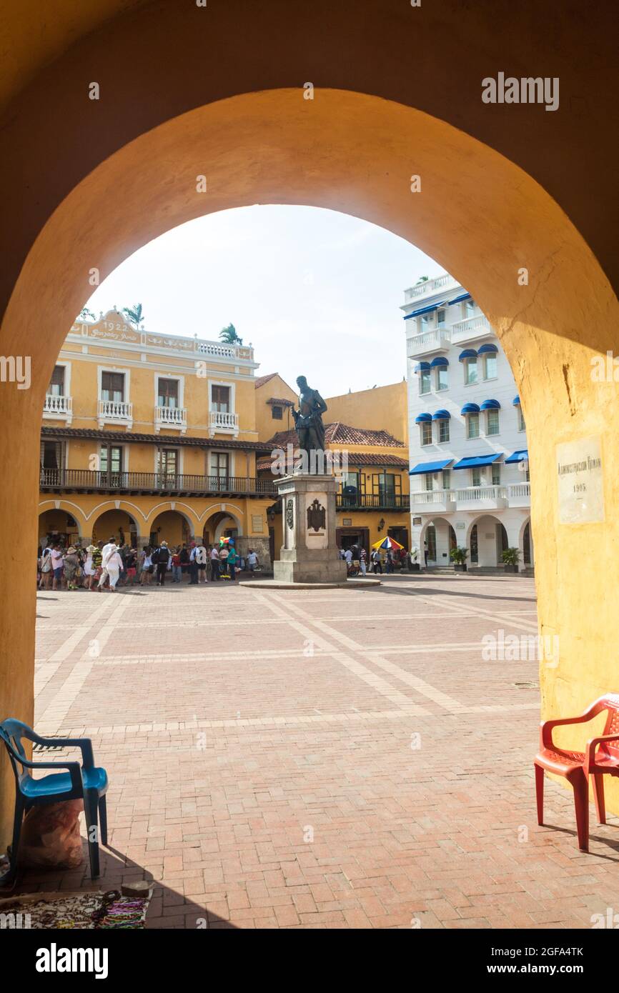CARTAGENA DE INDIAS, COLOMBIA - AUG 28, 2015: View of Plaza de los Coches in Cartagena from the gate in the fortification walls. Stock Photo