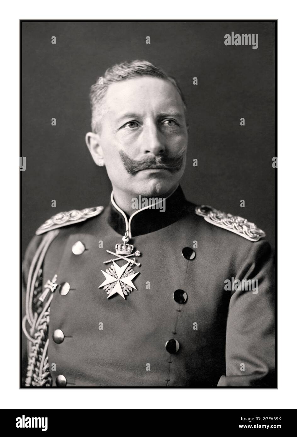 Kaiser Wilhelm II (Friedrich Wilhelm Viktor Albert; 27 January 1859 – 4 June 1941), anglicised as William II, was the last German Emperor (Kaiser) and King of Prussia, reigning from 15 June 1888 until his abdication on 9 November 1918. Wilhelm's turbulent reign culminated in Germany's guarantee of military support to Austria-Hungary during the crisis of July 1914, one of the direct causes for World War I. A lax wartime leader, Wilhelm left virtually all decision-making regarding strategy and organisation of the war effort to the German Army's Great General Staff. Portrait by T. H. Voigt, 1902 Stock Photo