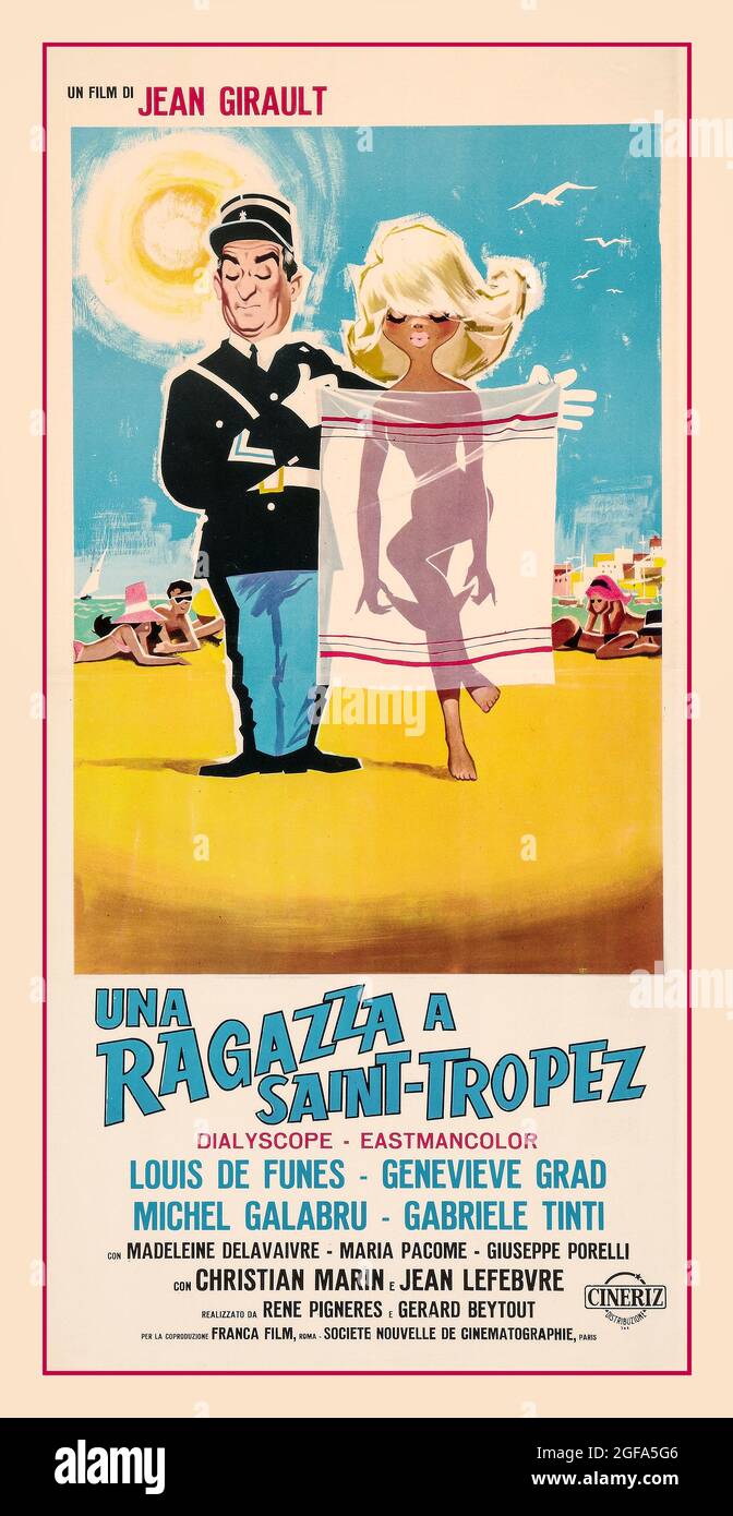 Vintage Movie Film ‘Una Ragazza a Saint Tropez Poster. Film by Jean Girault. Starring Louis des Funes, Genevieve Grad, Michel Galabru, Gabriele Tinti.  A girl in Saint-Tropez ( Le Gendarme de Saint-Tropez ) is a film of 1964 directed by Jean Girault . It was the first major success of the actor Louis de Funès , who played Marshal Ludovic Cruchot of the Gendarmerie nationale in the successful series of The Gendarmes of Saint-Tropez . The film achieved enormous commercial success, peaking at No. 1 at the French box office in 1964 . Stock Photo