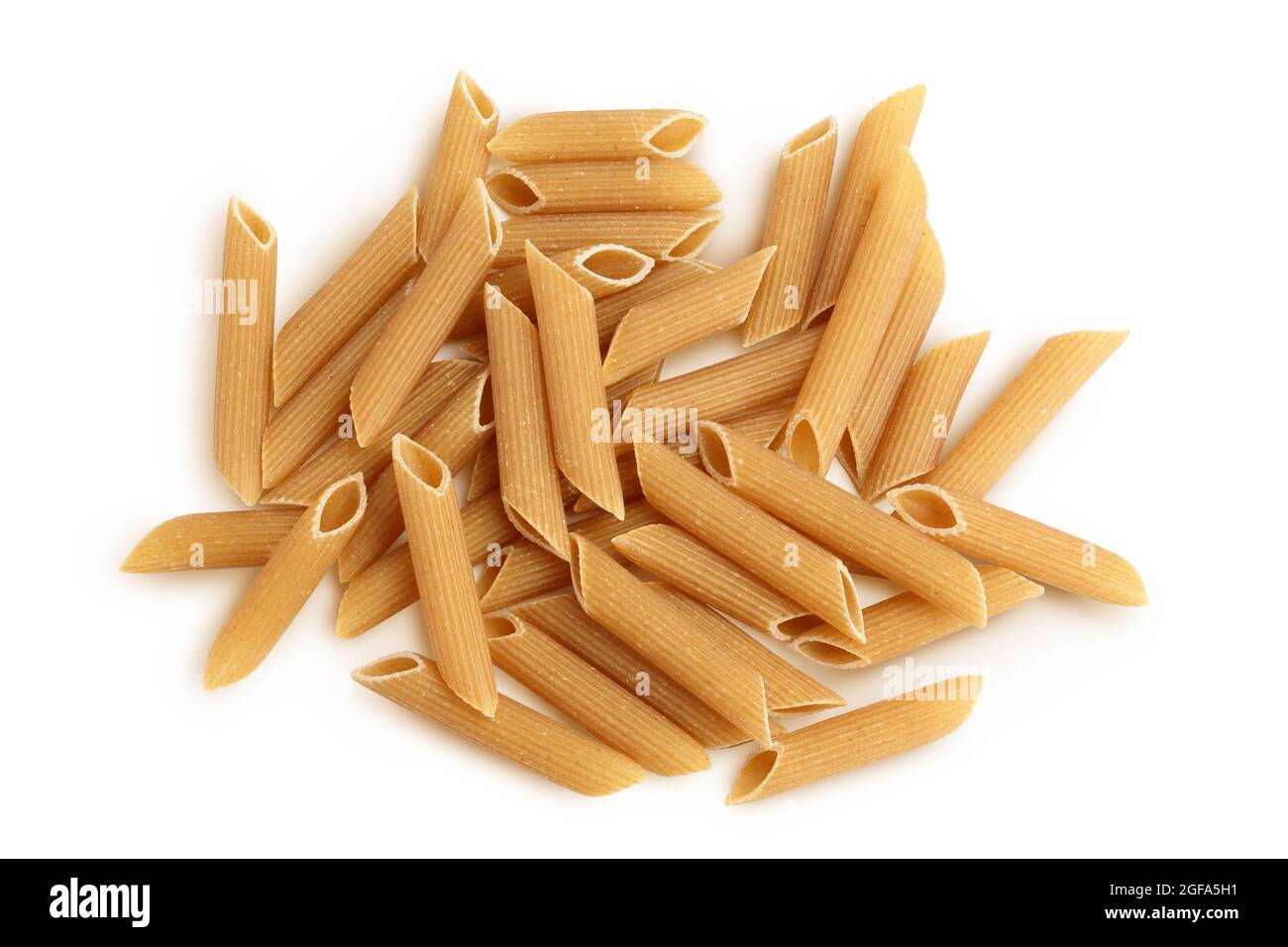 Wolegrain penne pasta from durum wheat isolated on white background with clipping path and full depth of field. Top view. Flat lay, Stock Photo