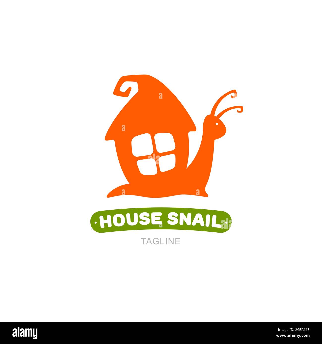 Orange snail and cartoon house on a white background. Logo or label