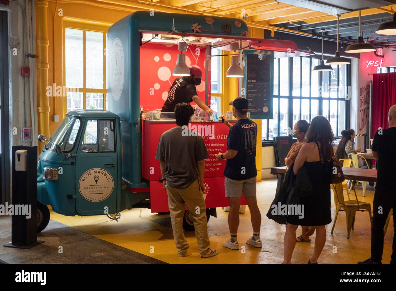 Blue Marble ice cream truck inside industry city food court sunset park