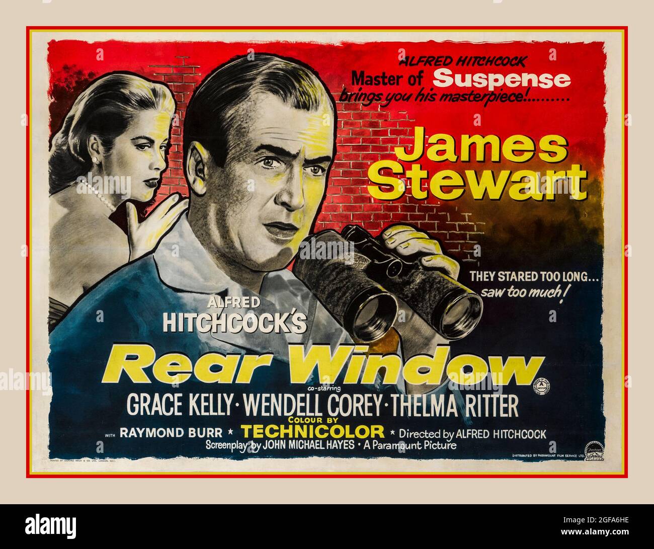 REAR WINDOW ALFRED HITCHCOCK 1954 Vintage Movie Film Poster ' Rear Window' directed by Alfred Hitchcock starring James Stewart, Grace Kelly, Wendell Corey, Thelma Ritter Raymond Burr, Rear Window is a 1954 American mystery thriller film written by John Michael Hayes based on Cornell Woolrich's 1942 short story 'It Had to Be Murder'. Originally released by Paramount Pictures, It was screened at the 1954 Venice Film Festival. Considered to be one of Director Hitchcocks finest films Stock Photo