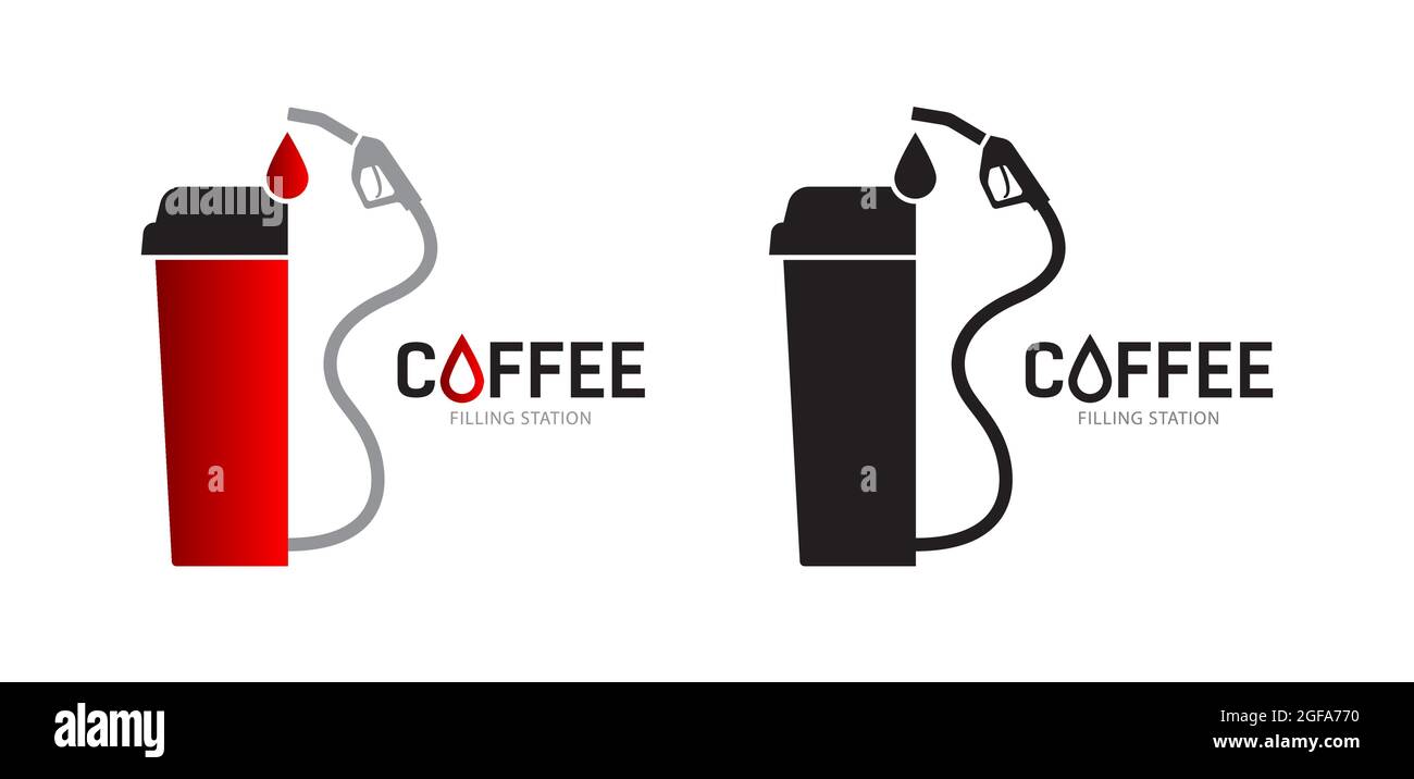 glass of coffee and a gas station hose. Logo or symbol template on white background. The concept of refueling with drinks, coffee, tea Stock Vector