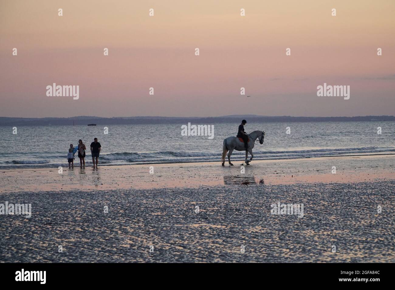 UK Weather, 24 August 2021: Just before sunset at East Wittering beach in West Sussex, two riders on their horses walk along the firm sand at low tide. On the horizon is the Isle of Wight. Anna Watson/Alamy Live News Stock Photo