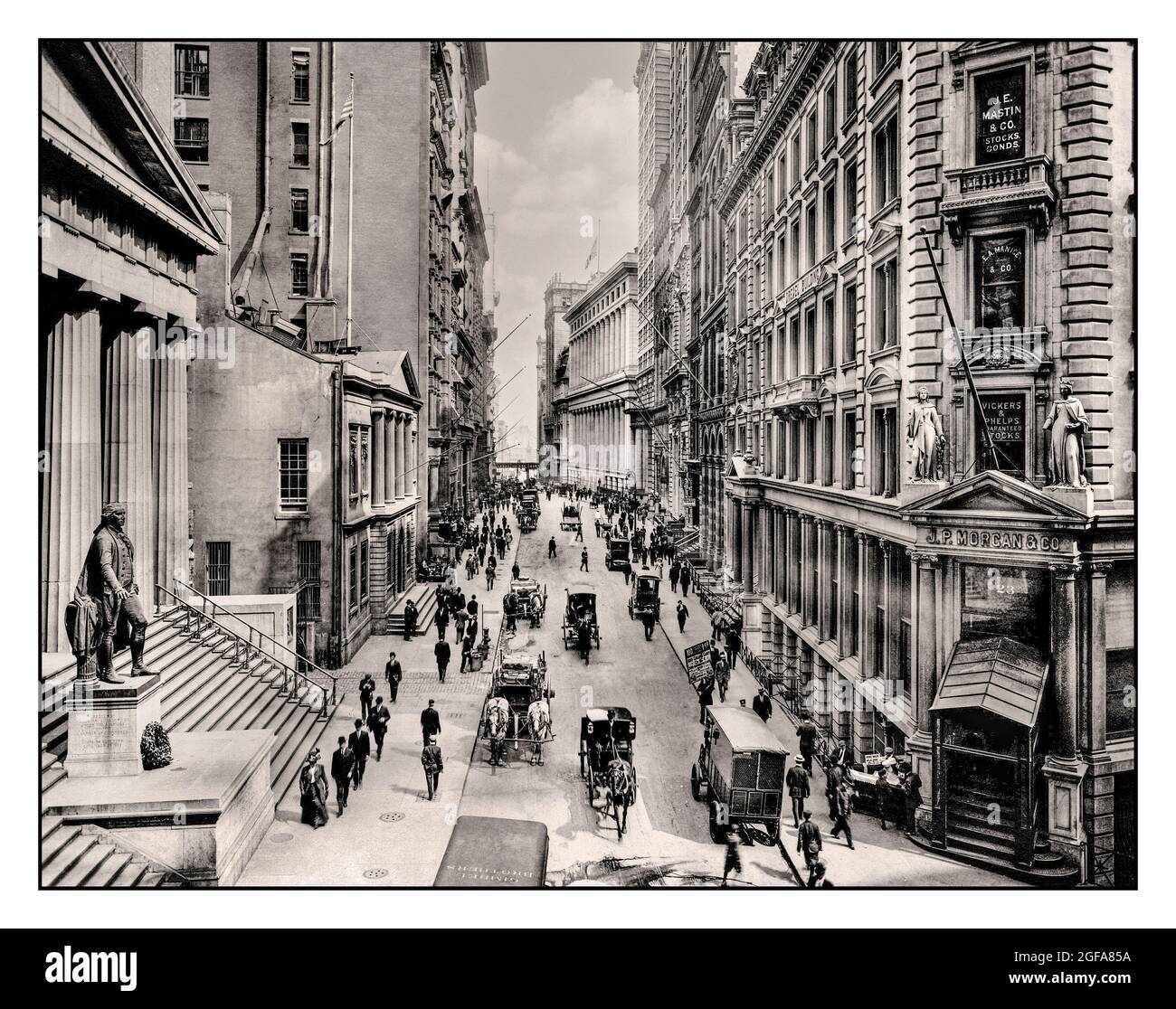 WALL STREET Vintage New York 1900s with horse drawn carriages and well dressed pedestrians 19th Century America Financial Institutions, Stock Exchange in Manhattan including JP Morgan & Co in foreground America USA Stock Photo