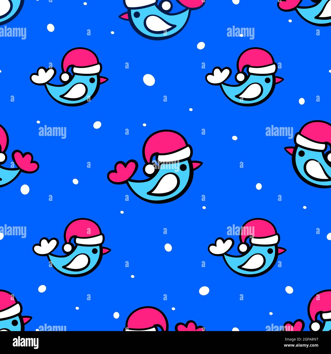 Blue birds in a red Santa Claus hat and white snow on a blue background. New Year's print concept Stock Vector
