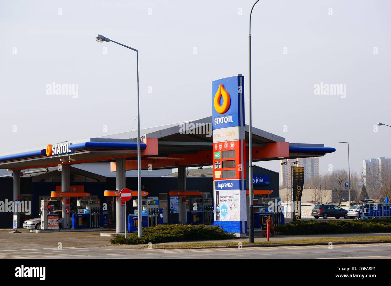 POZNAN, POLAND - Feb 23, 2015: A big Statoil gas station with parked cars Stock Photo