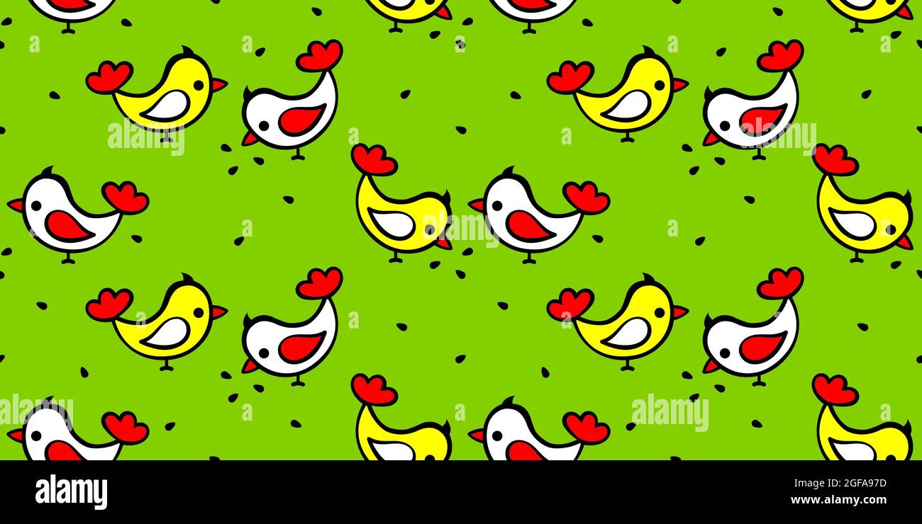 Cartoon birds or chickens pecking seeds, green background. Seamless pattern for printing on textiles, packaging Stock Vector