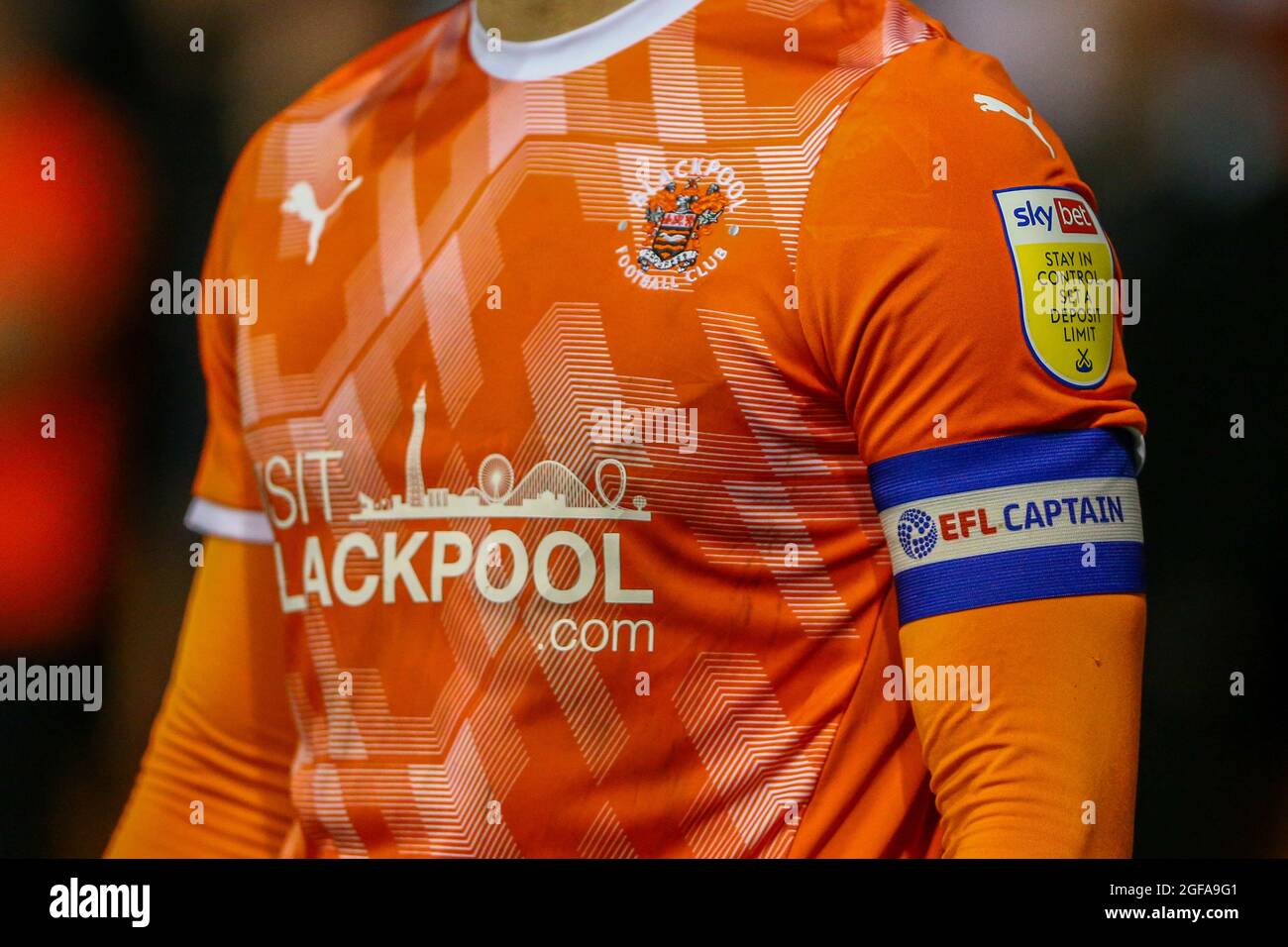 Blackpool, UK. 24th Aug, 2021. Close up of the Blackpool Football Club home shirt during the Carabao Cup match between Blackpool and Sunderland at Bloomfield Road, Blackpool, England on 24 August 2021. Photo by Sam Fielding/PRiME Media Images. Credit: PRiME Media Images/Alamy Live News Stock Photo