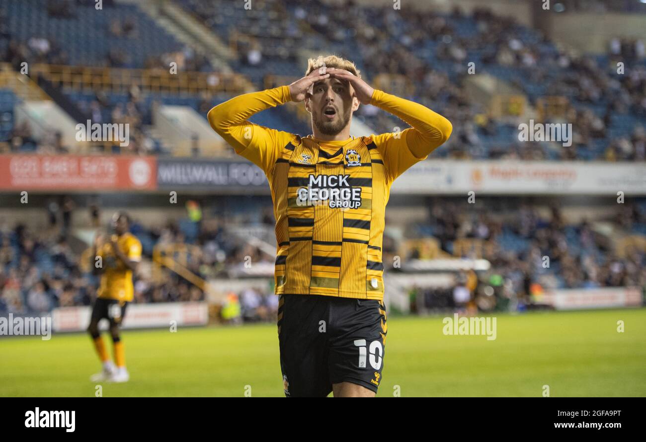 London, UK. 24th Aug, 2021. Sam Smith of Cambridge United shows his frustration after missing a good chance to score during the Carabao Cup match between Millwall and Cambridge United at The Den, London, England on 24 August 2021. Photo by Alan Stanford/PRiME Media Images. Credit: PRiME Media Images/Alamy Live News Stock Photo