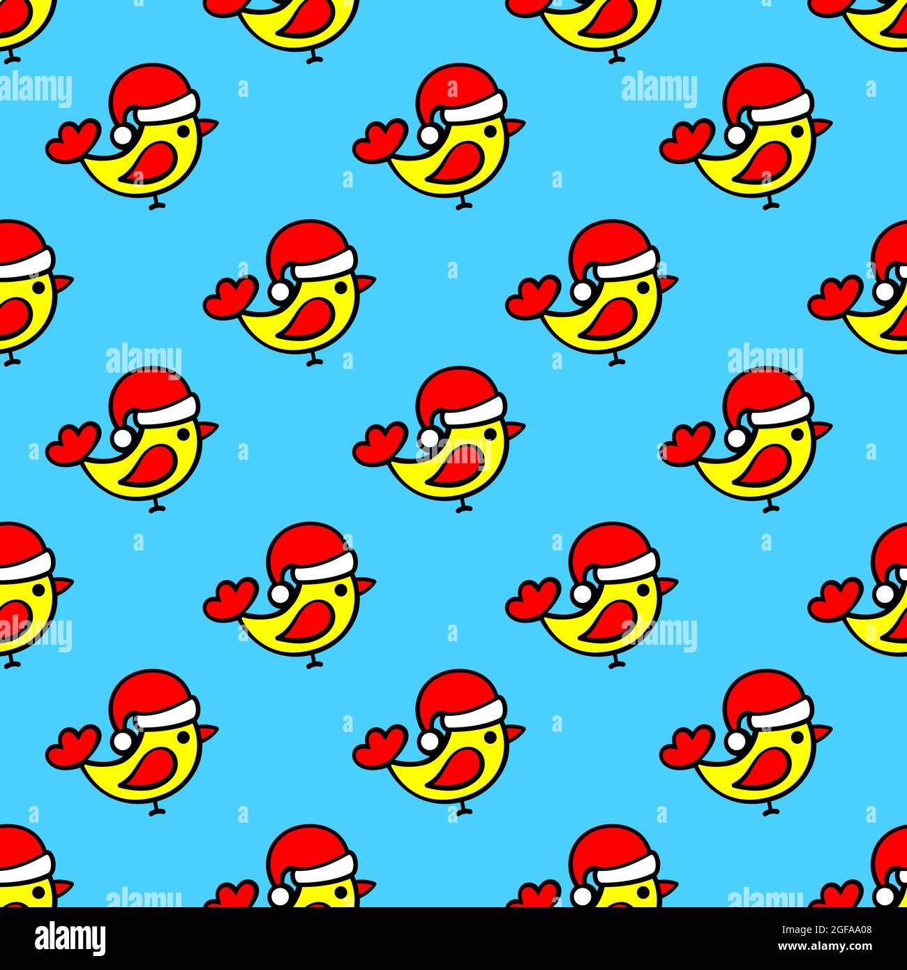 Yellow birds in a red hat Santa Claus on a blue background. New Years print concept. Seamless pattern for printing on textiles, packaging Stock Vector