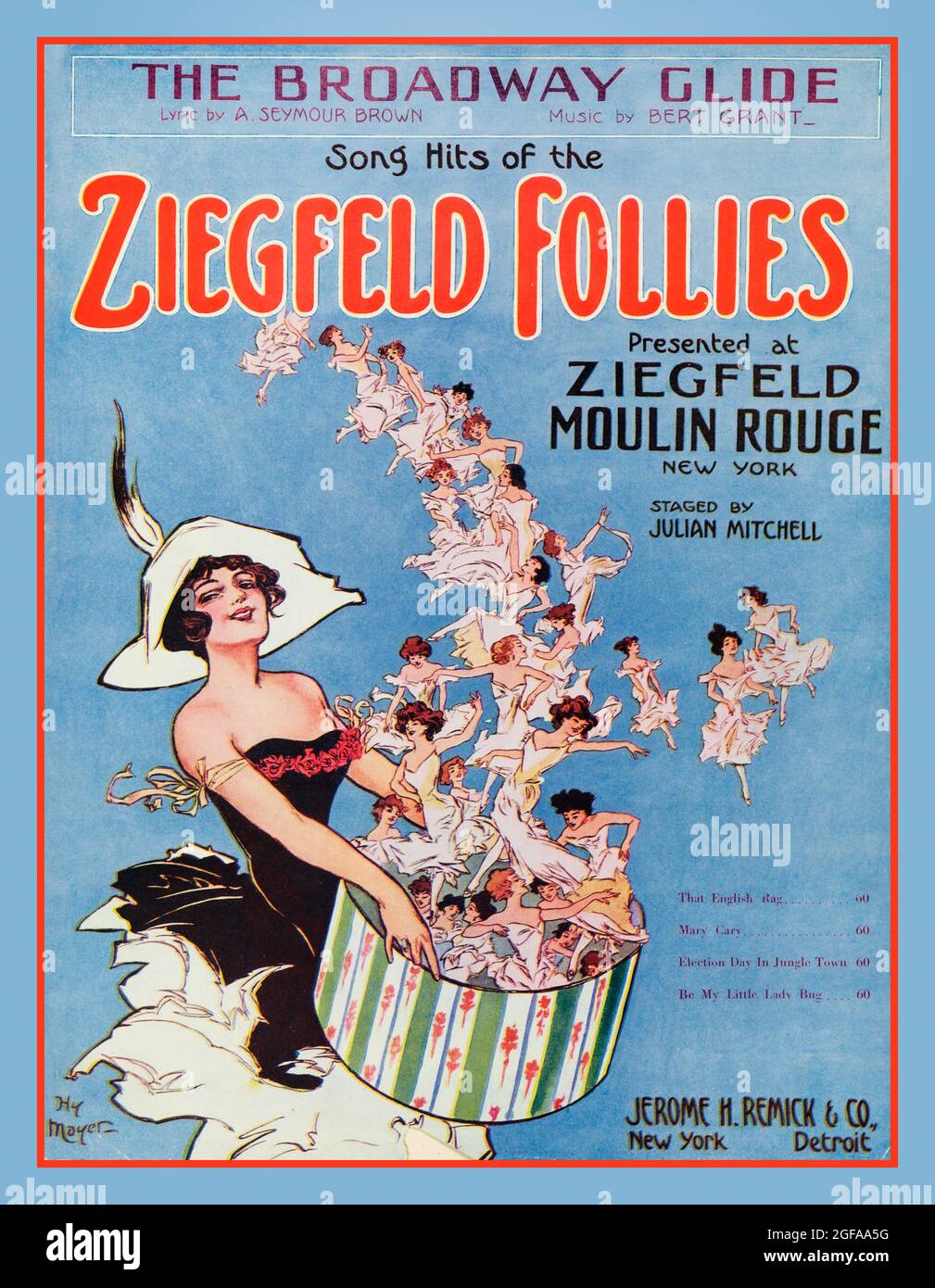 'Ziegfeld Follies of 1912' Musical Sheet Music Cover -'THE BROADWAY GLIDE' at Ziegfeld Moulin Rouge New York  That Broadway glide Contributor Names Grant, Bert -- 1878-1951 (composer) Brown, A. Seymour -- 1885-1947 (lyricist) Created / Published Jerome H. Remick & Co., New York, NY, 1912. Popular Songs of the Day Songs and Music Progressive Era to New Era (1900-1929) sheet music Stock Photo