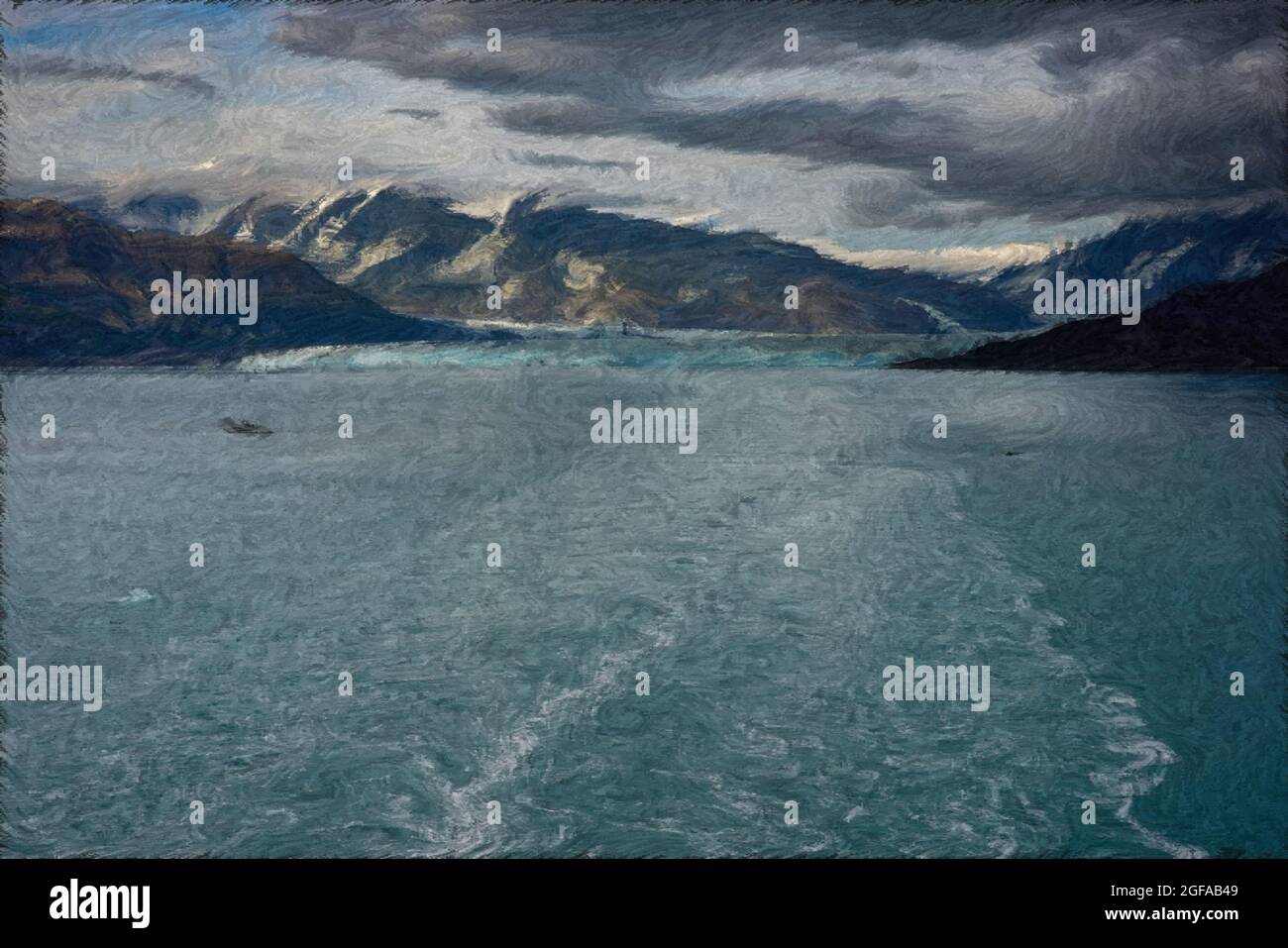 An illustration of the wake of a cruise ship sailing away from Hubbard Glacier with a view of the glacier and mountains. Stock Photo