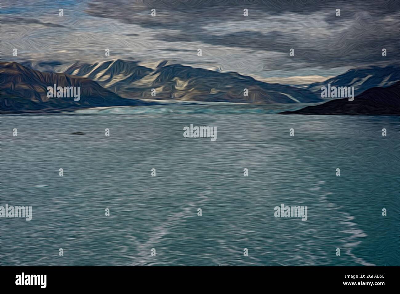 An illustration of the wake of a cruise ship sailing away from Hubbard Glacier with a view of the glacier and mountains. Stock Photo