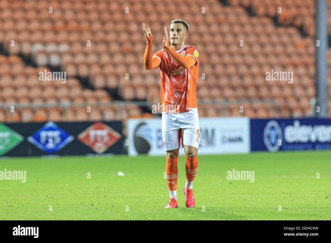 Jerry Yates #9 of Blackpool applauds the fans after the final whistle ...