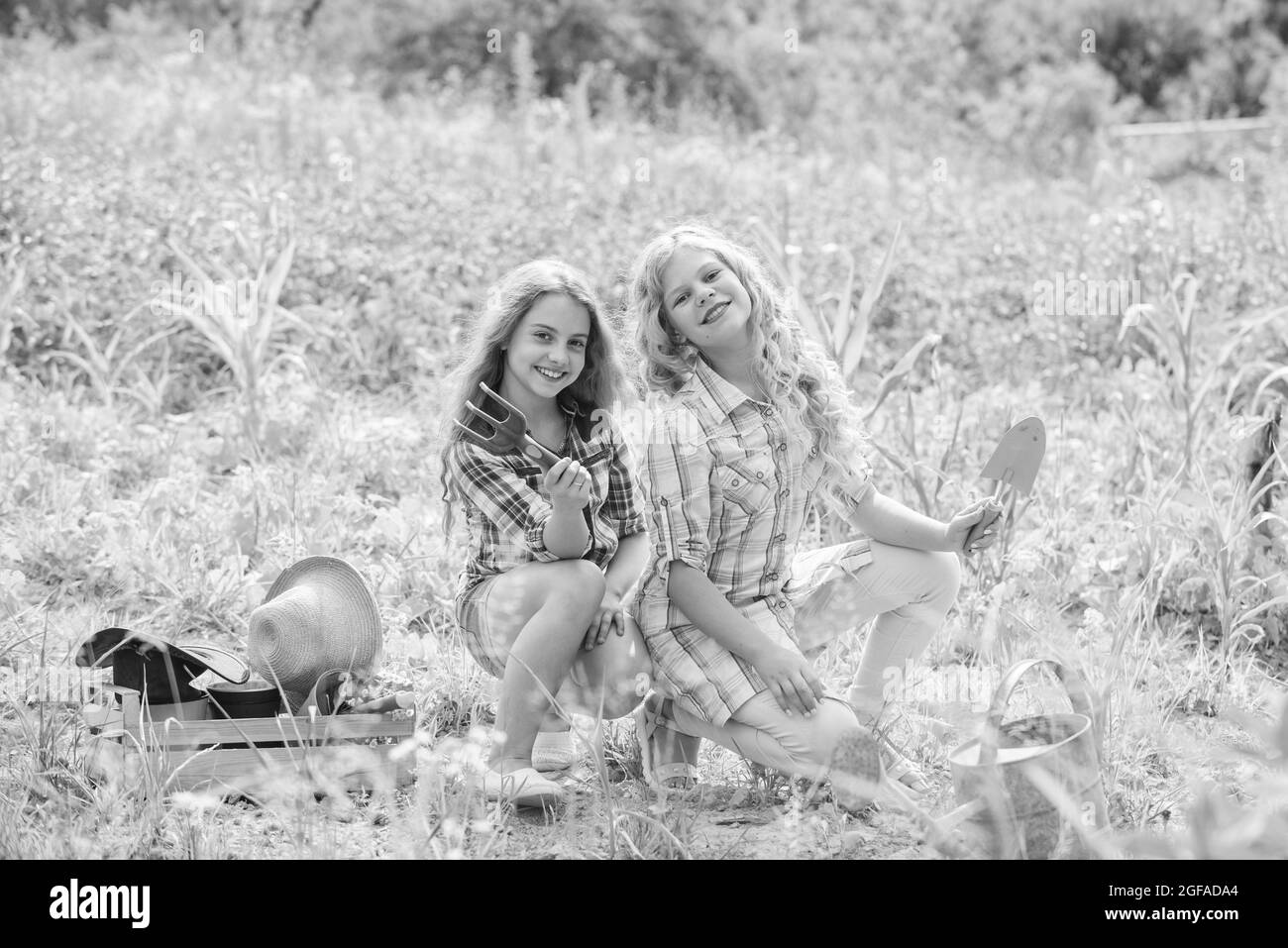 Summer activity. Sisters cute kids helping at farm. Girls planting