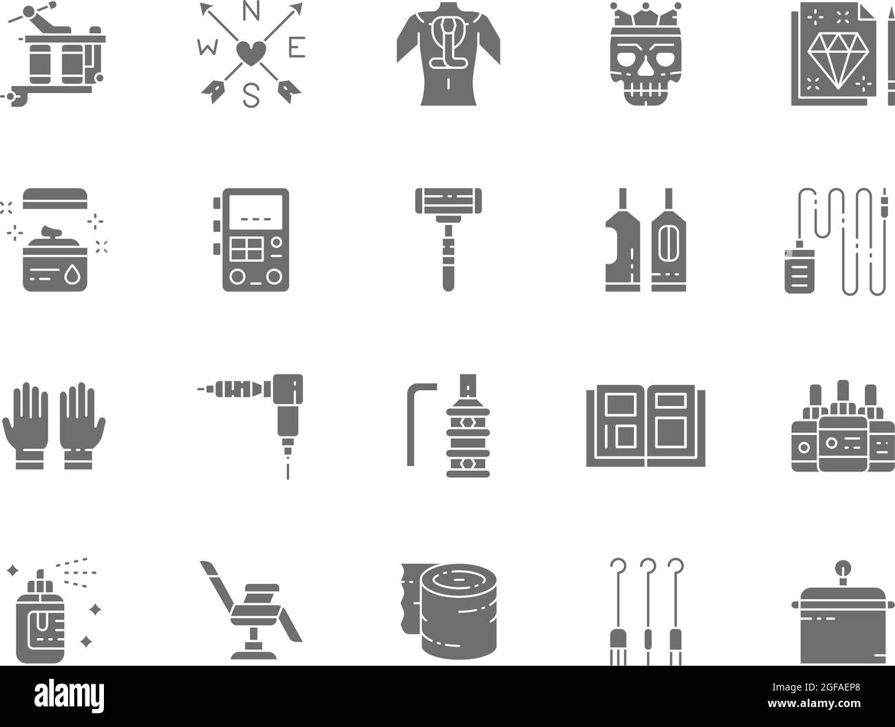 Set of Tattoo Studio Gray Icons. Tattoo Machine, Vaseline, Power Machine Supply, Disposable Razor, Rubber Gloves, Ink Bottles, Chair, Aftercare Stock Vector