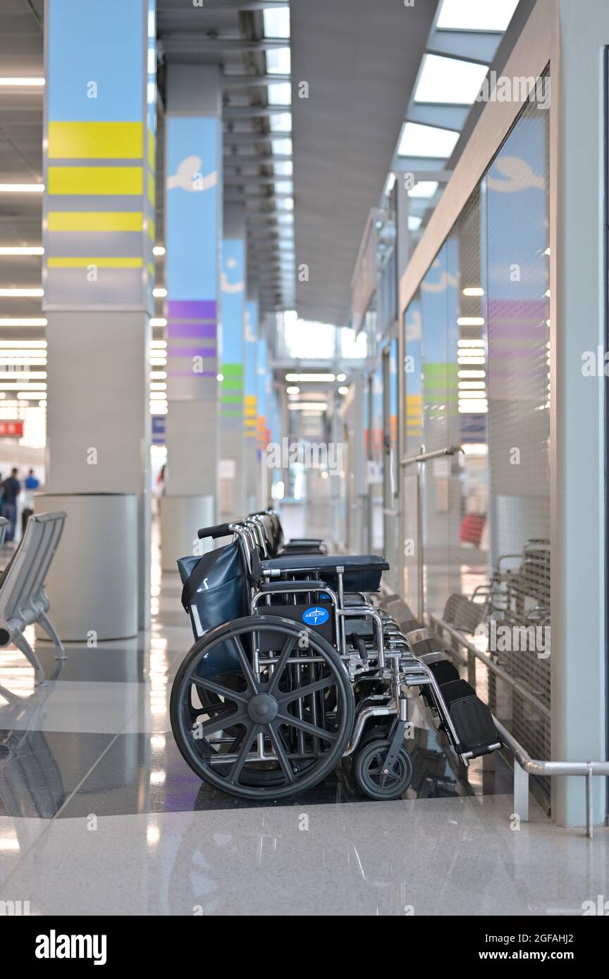 Wheelchairs for mobility assistance, Chicago O'Hare airport (ORD) IL Stock Photo