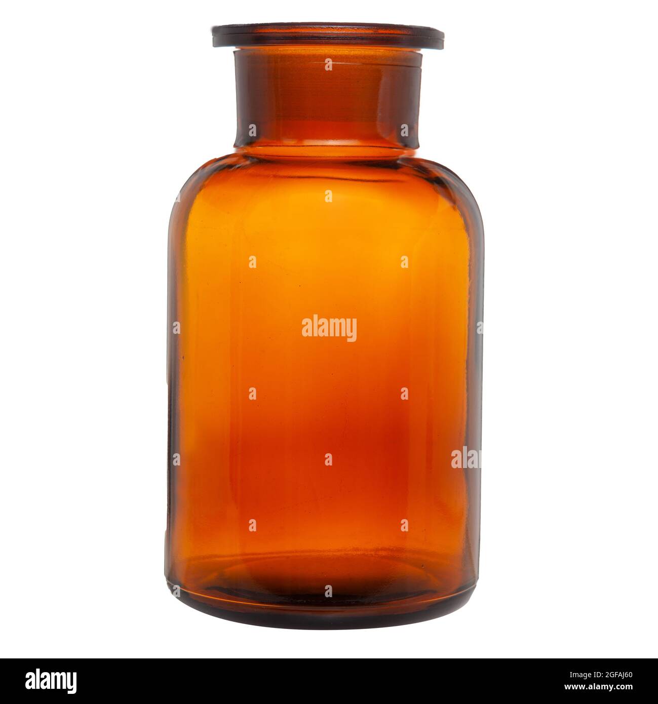 Old vintage pharmacy glass, bottle blank glass. Medical bottle isolated. Clipping path. Chemical glass. Stock Photo