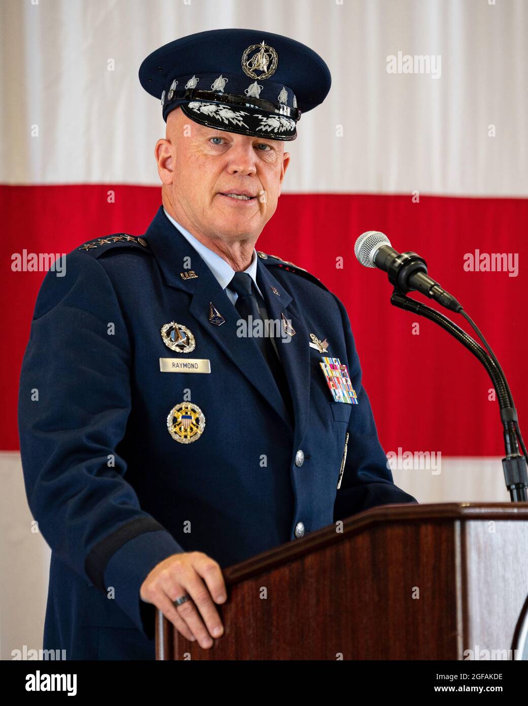 U.S. Space Force Chief of Space Operations Gen. John Raymond, shares his vision for the Space Training and Readiness Command, at Peterson Space Force Base August 23, 2021 in Colorado Springs, Colorado. Stock Photo