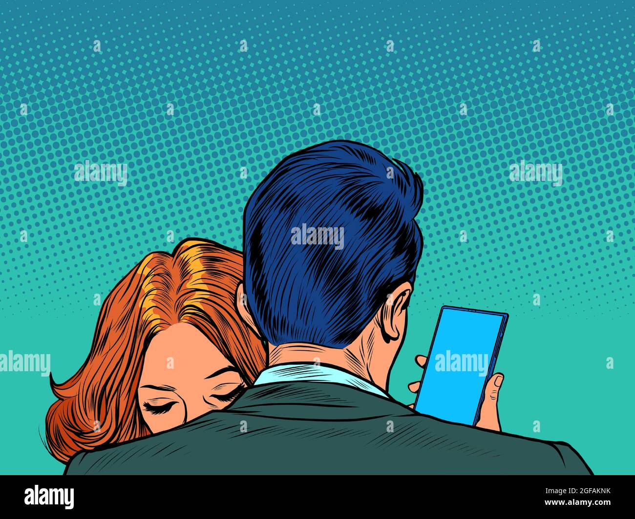 A man embraces a woman and looks at his smartphone Stock Vector