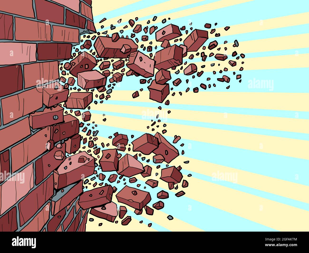 The brick wall breaks through. Destruction of buildings, ruins and demolition Stock Vector