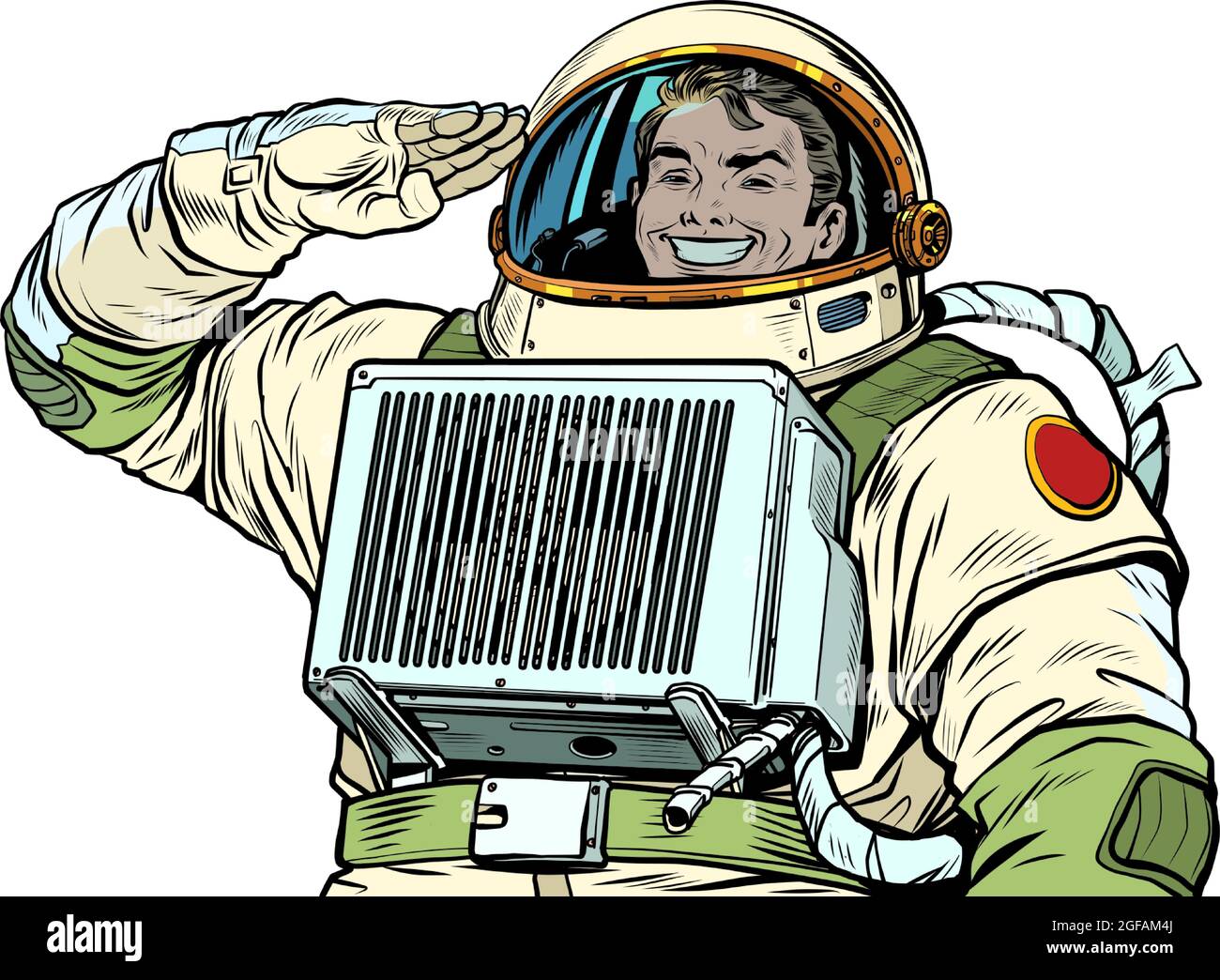The joyful astronaut salutes, the cosmonaut captain. Soldier of the Universe Stock Vector