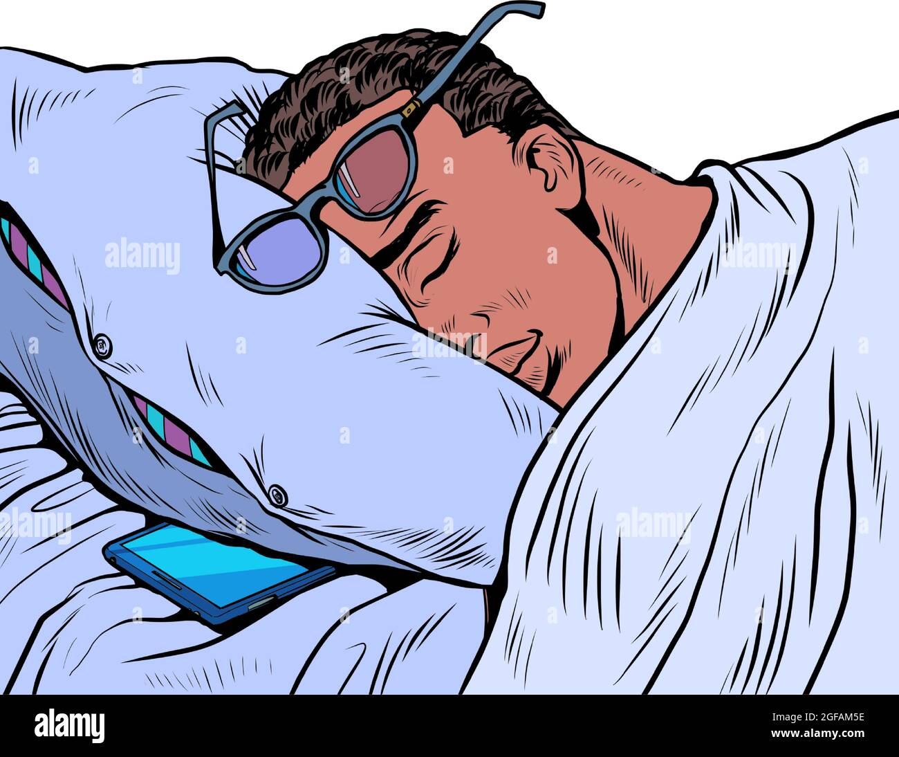 A black man is sleeping with glasses, a phone is lying next to him. Businessman daily routine Stock Vector