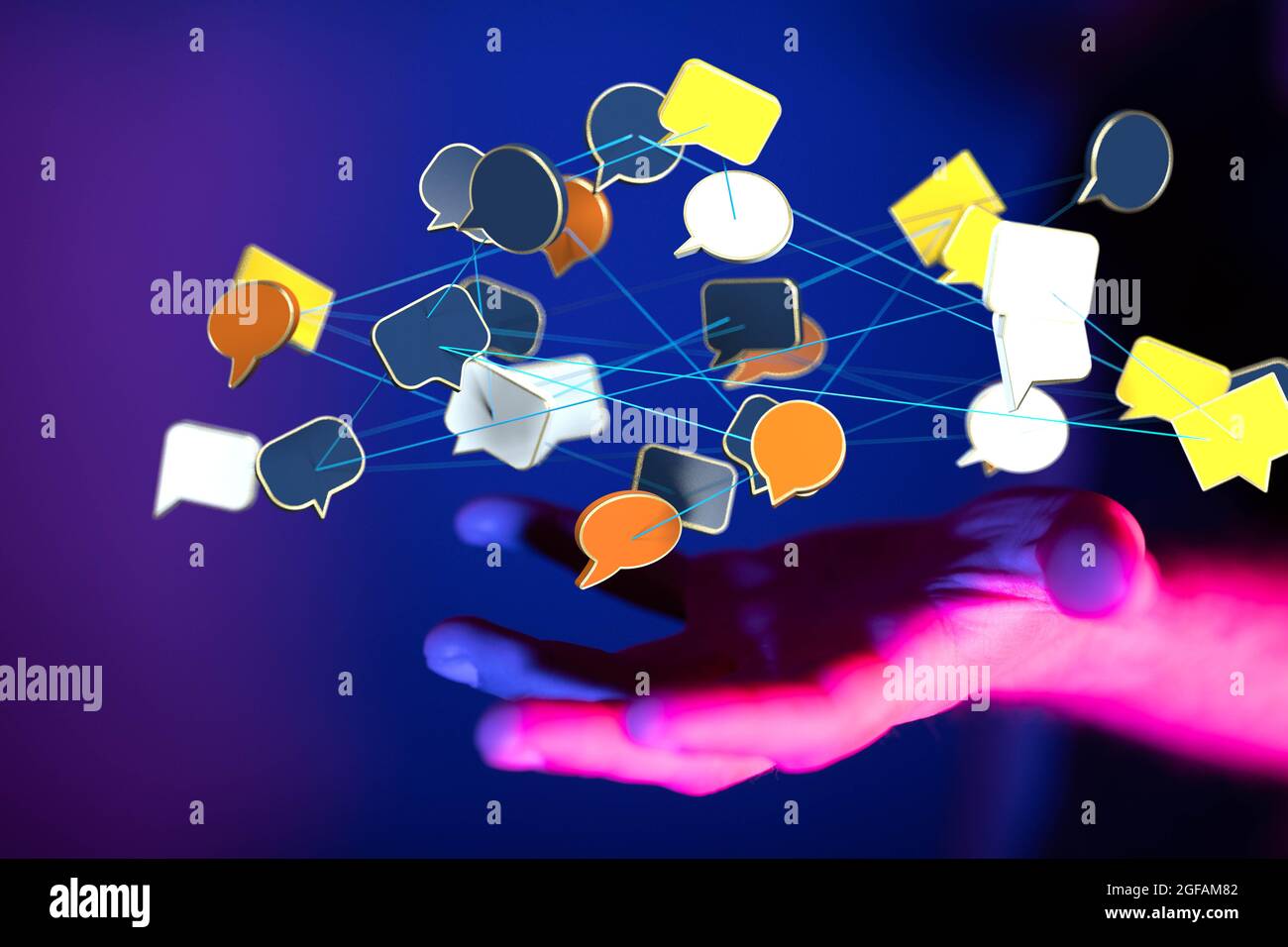 Male's hand holding an illustration of the messaging and chatting icon ...