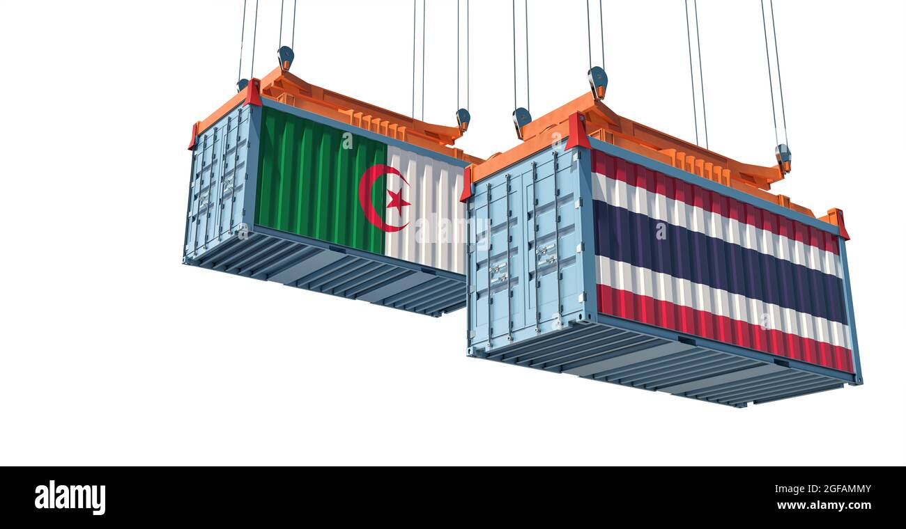 Freight containers with Algeria and Thailand national flags. 3D Rendering Stock Photo