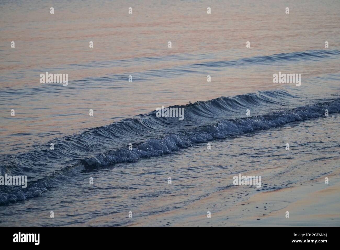 East Wittering, UK, 23 August 2021: gentle waves on sandy beach at dusk reflect the blues and pinks in the sky just after sunset. The sea is the Engli Stock Photo
