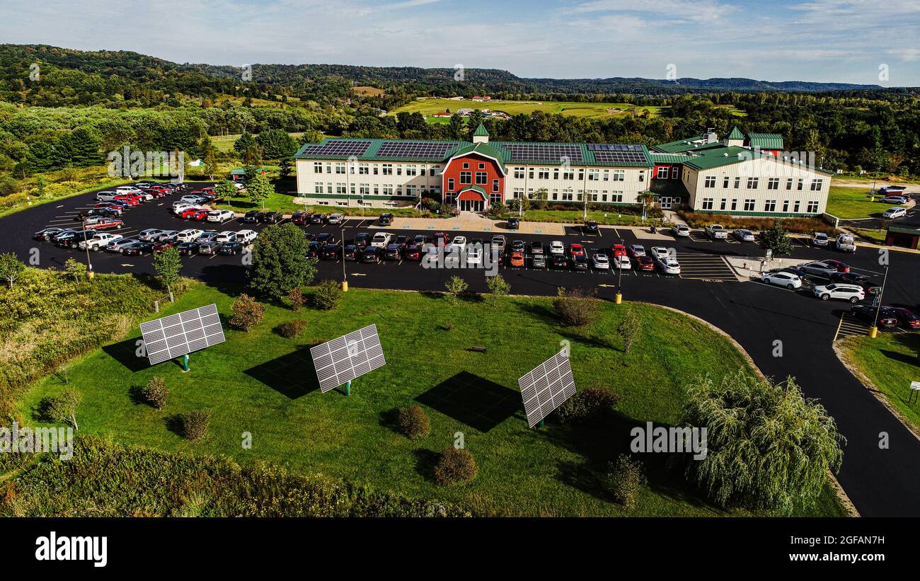 Aerial view of solarpowered Organic Valley headquarters and the