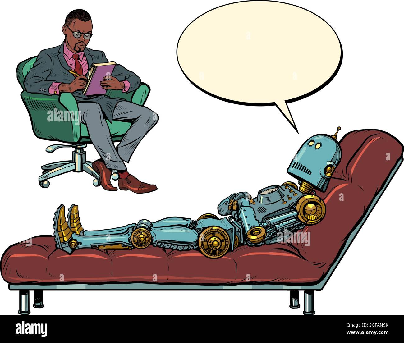 A black male psychotherapist at a psychotherapy session, listens to a robot patient, sits in a chair and makes notes in a notebook Stock Vector