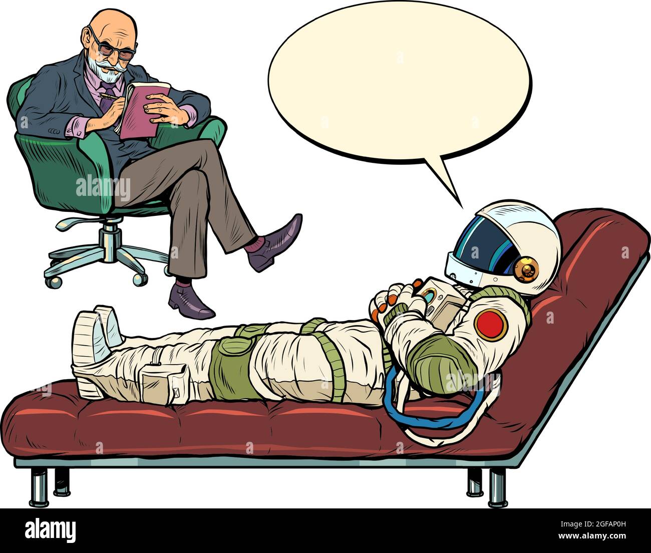 A psychotherapy session. The psychotherapist sees a astronaut, the patient is lying on the couch Stock Vector