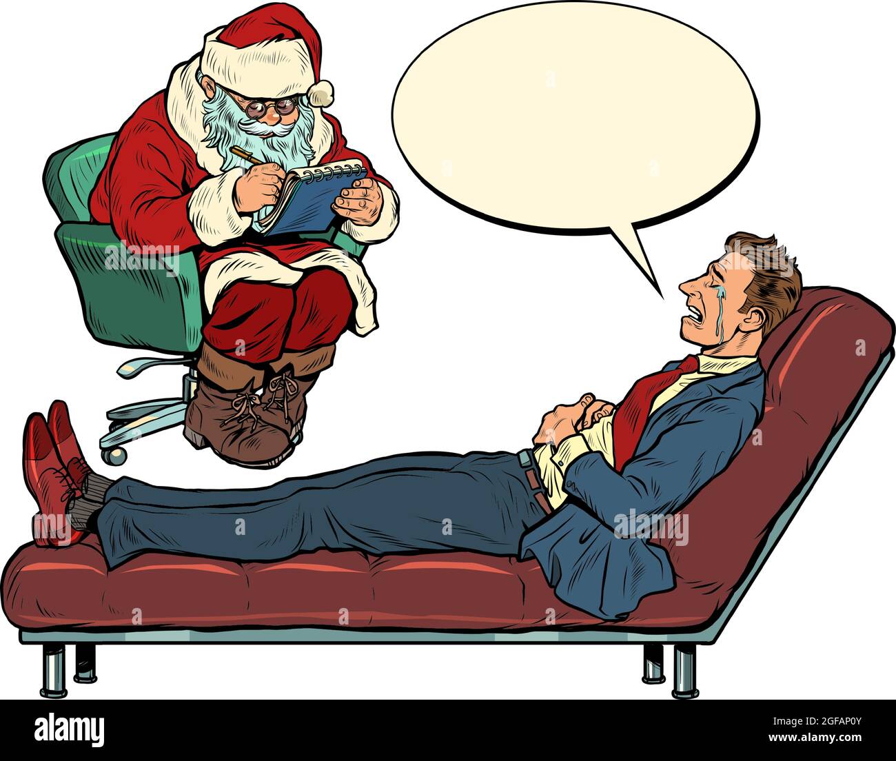 A christmas psychotherapy session. The psychotherapist santa claus sees a businessman man, the patient is lying on the couch Stock Vector
