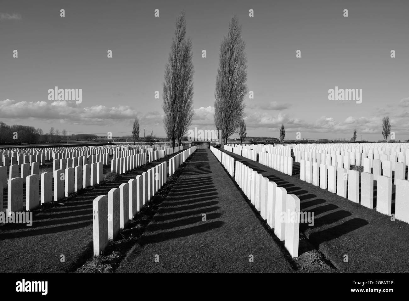 Tyne cot cemetery in black and white, Ieper (Ypres), Belgium. Stock Photo