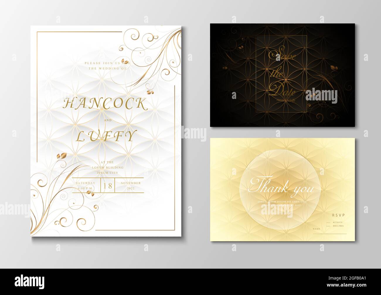 golden wedding invitation card template. black, white and gold