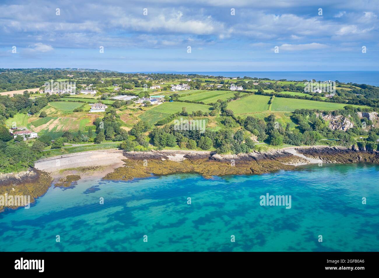 Aerial drone image of Belval Cove at St Catherines Bay, Jersey CI Stock Photo