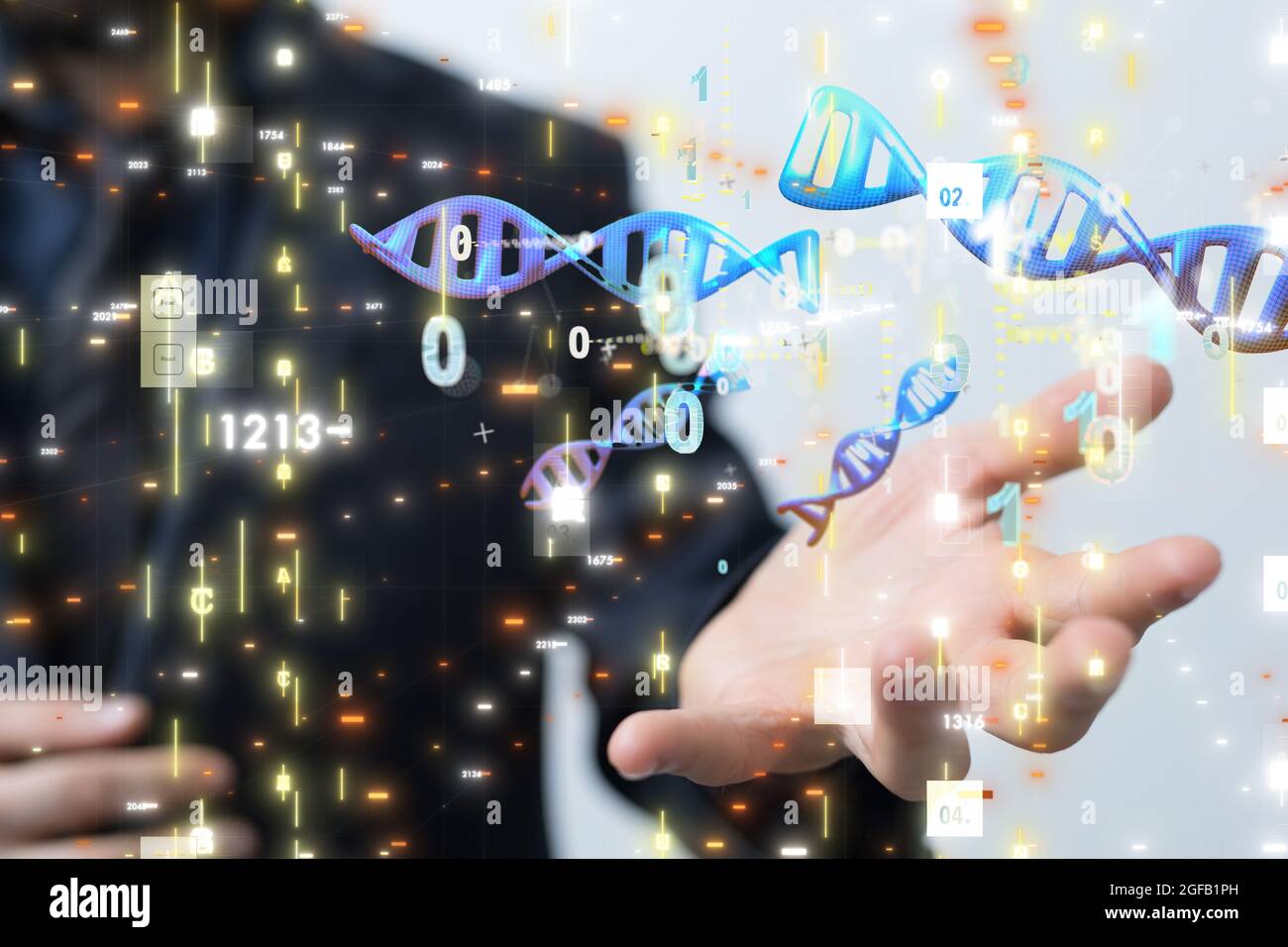 Businessman holding a render of DNA sequences and binary code Stock ...